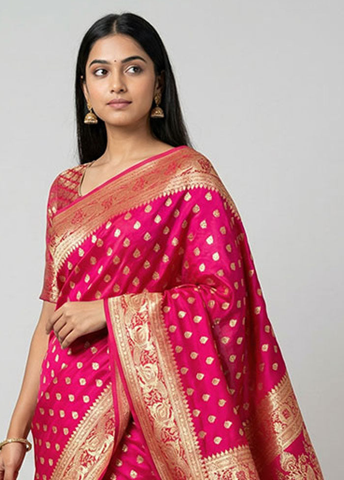 Pink Handloom Banarasi Pure Silk Saree With Blouse Piece