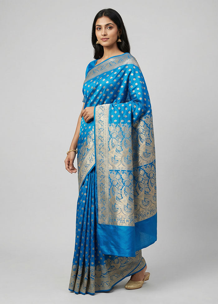 Blue Handloom Banarasi Pure Silk Saree With Blouse Piece