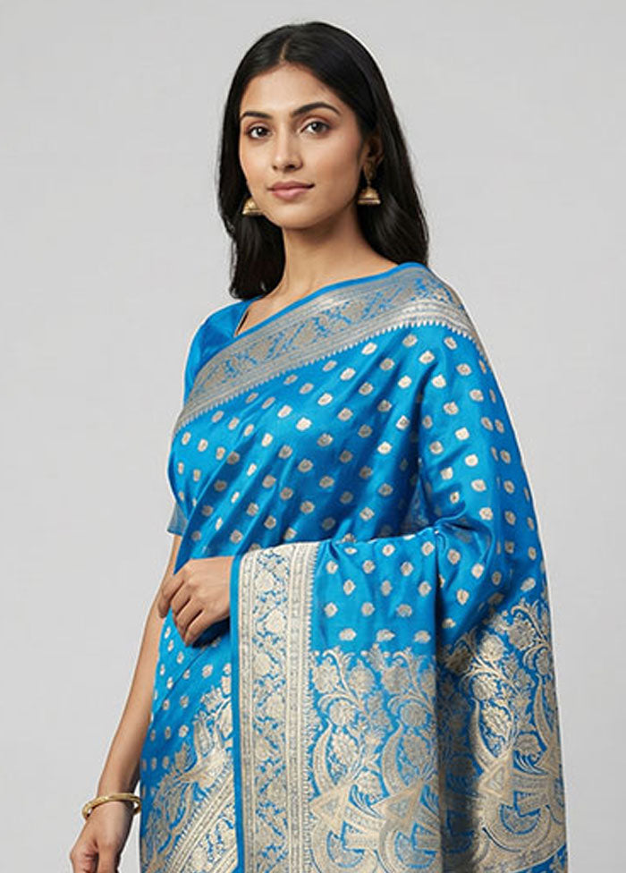 Blue Handloom Banarasi Pure Silk Saree With Blouse Piece
