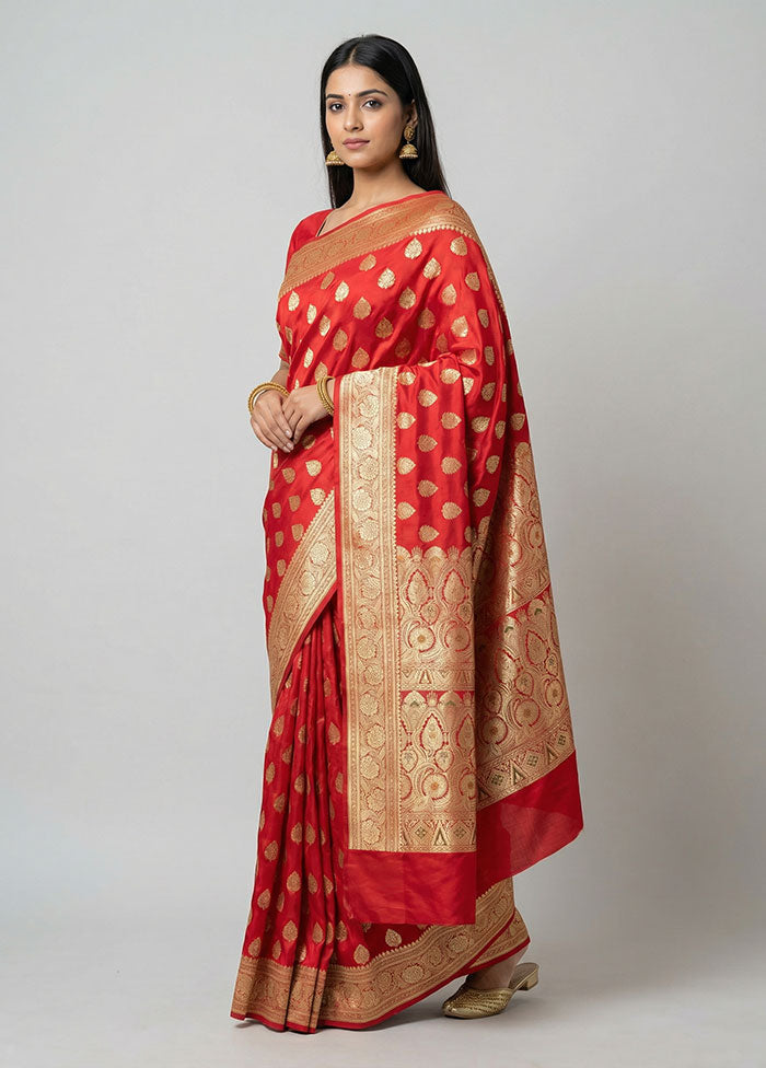 Red Handloom Banarasi Pure Silk Saree With Blouse Piece