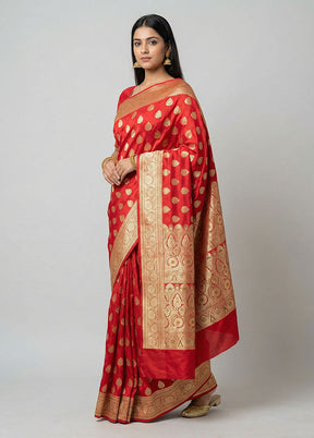 Red Handloom Banarasi Pure Silk Saree With Blouse Piece