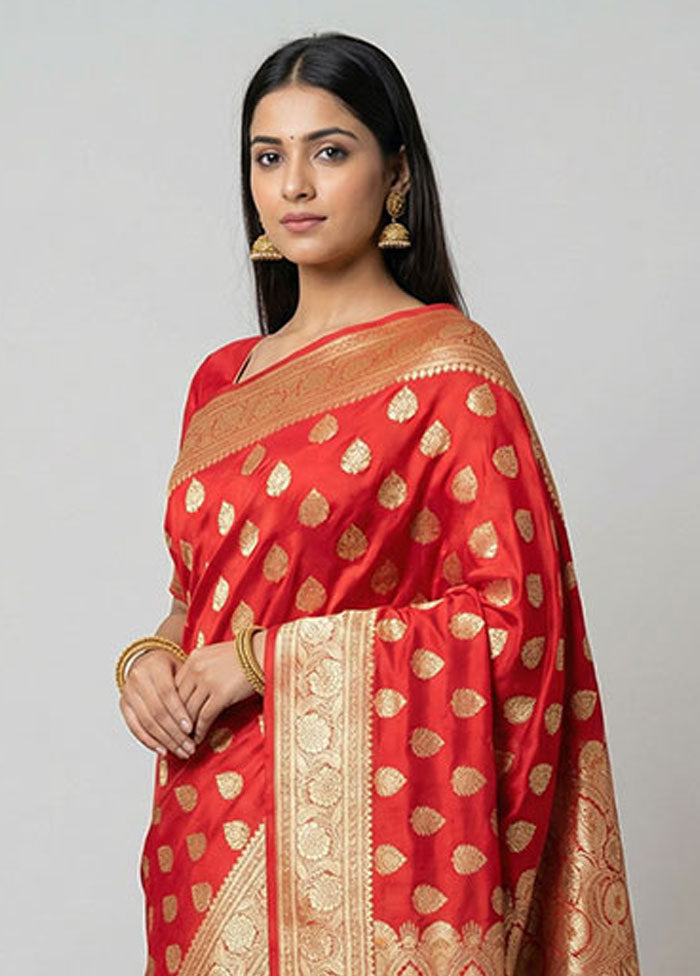 Red Handloom Banarasi Pure Silk Saree With Blouse Piece