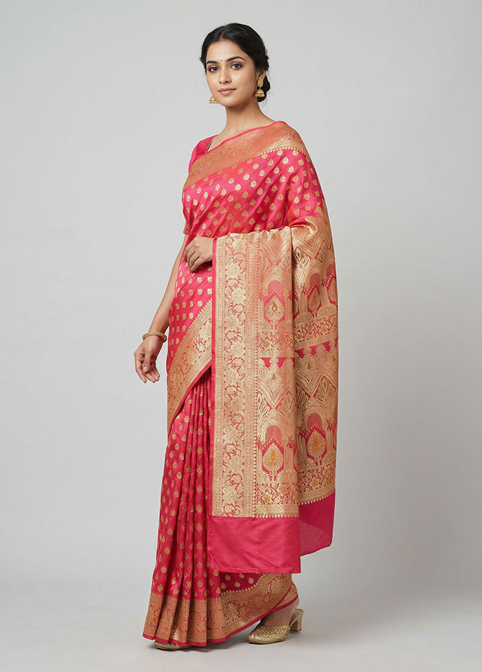 Pink Handloom Banarasi Pure Silk Saree With Blouse Piece