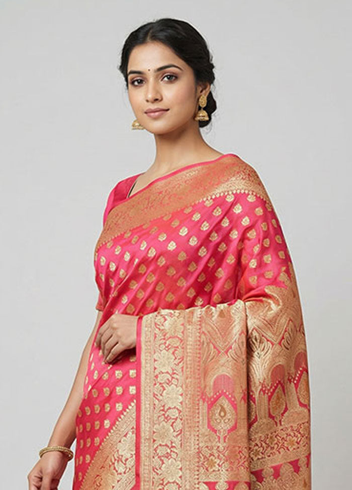 Pink Handloom Banarasi Pure Silk Saree With Blouse Piece