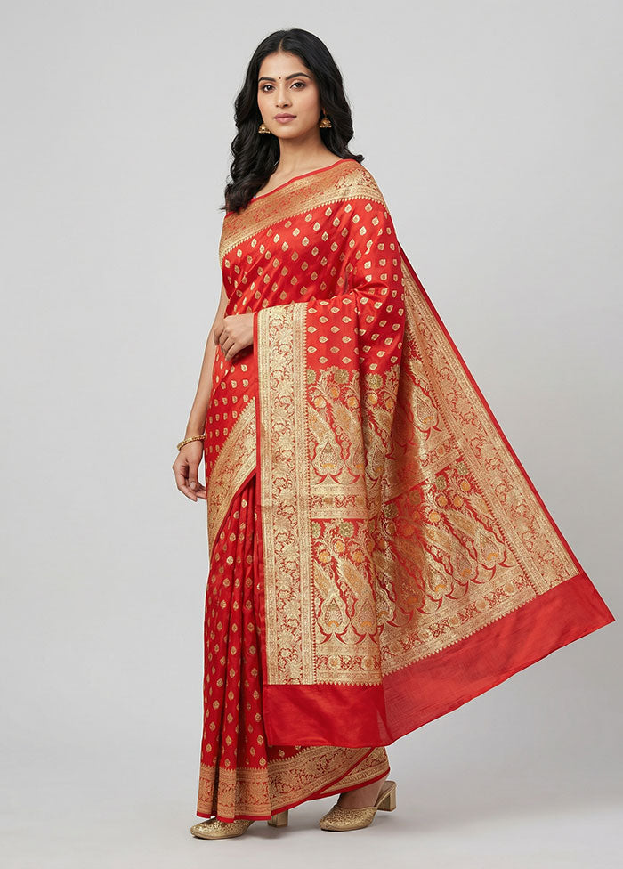 Red Handloom Banarasi Pure Silk Saree With Blouse Piece