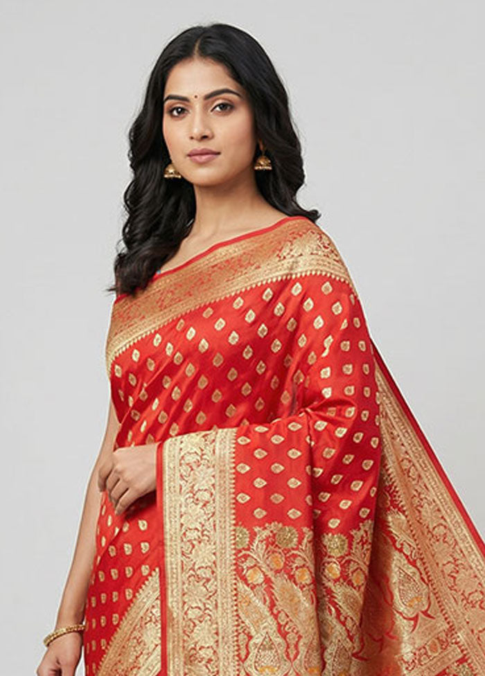 Red Handloom Banarasi Pure Silk Saree With Blouse Piece
