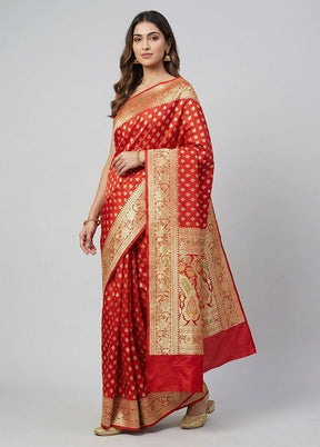 Red Handloom Banarasi Pure Silk Saree With Blouse Piece