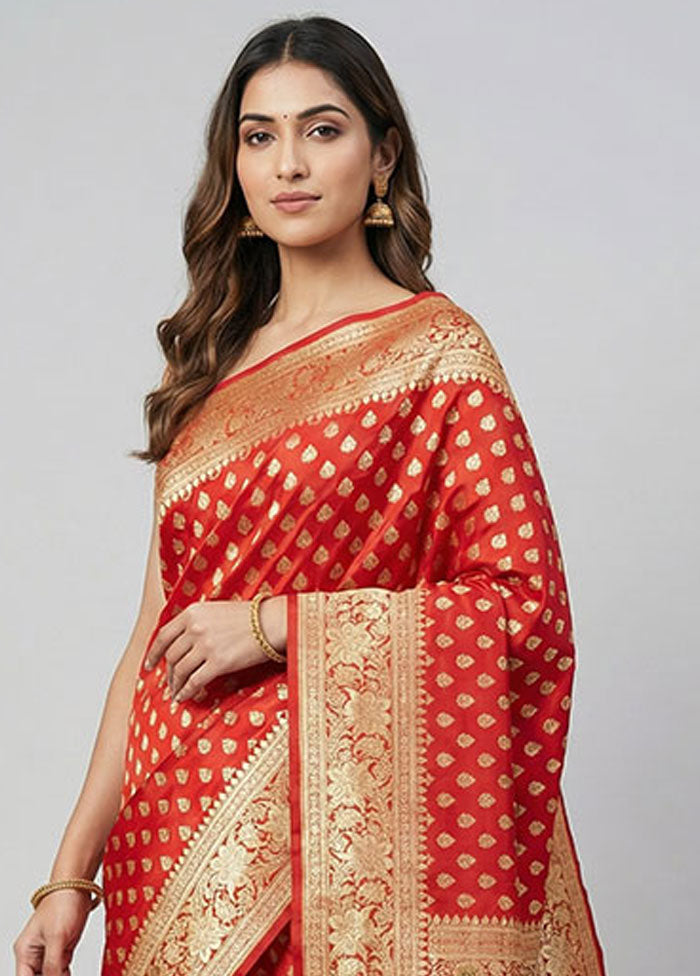 Red Handloom Banarasi Pure Silk Saree With Blouse Piece