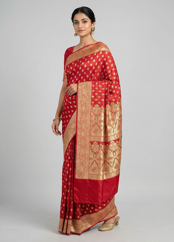 Red Handloom Banarasi Pure Silk Saree With Blouse Piece