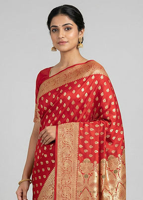 Red Handloom Banarasi Pure Silk Saree With Blouse Piece