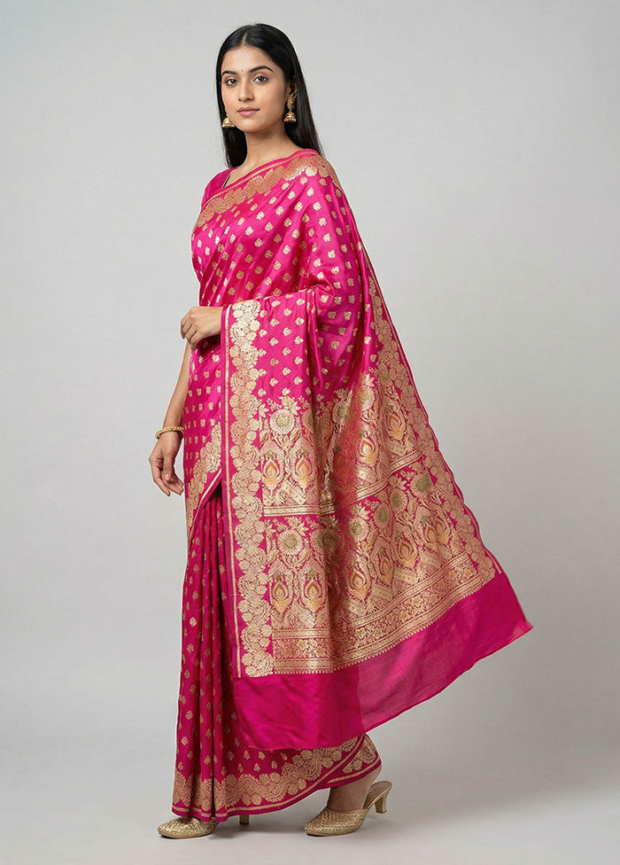 Pink Handloom Banarasi Pure Silk Saree With Blouse Piece