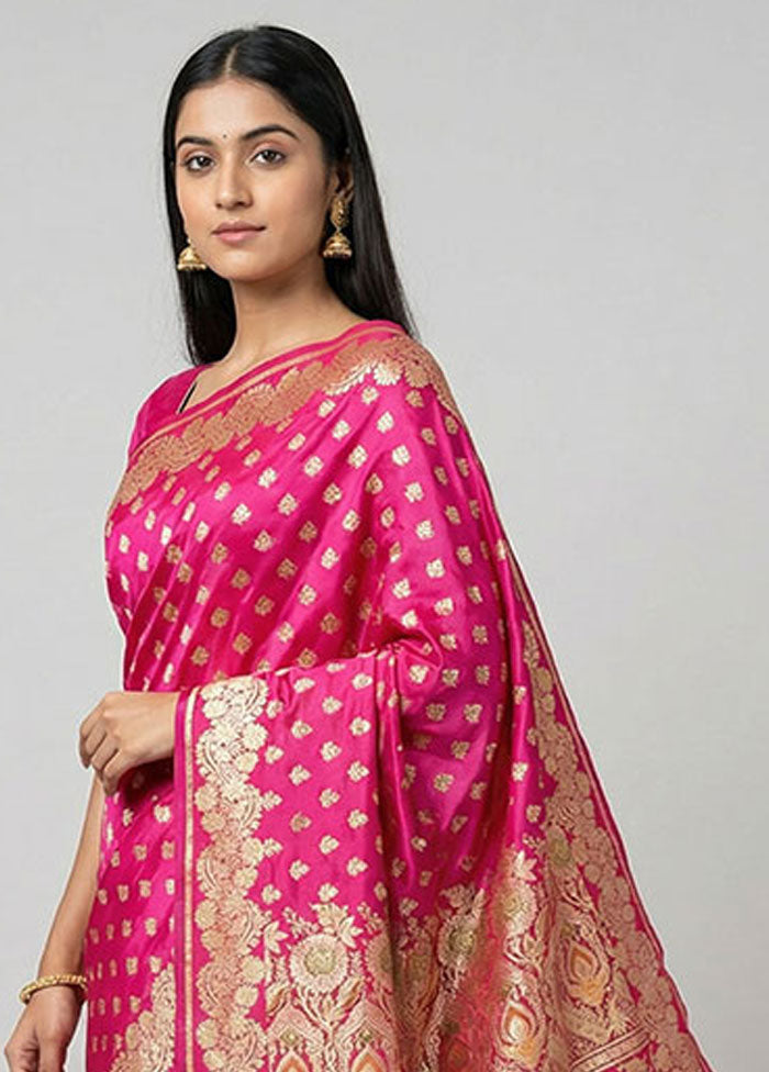 Pink Handloom Banarasi Pure Silk Saree With Blouse Piece