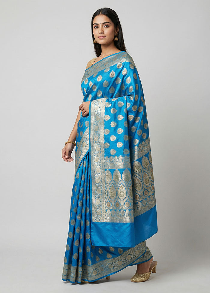 Blue Handloom Banarasi Pure Silk Saree With Blouse Piece