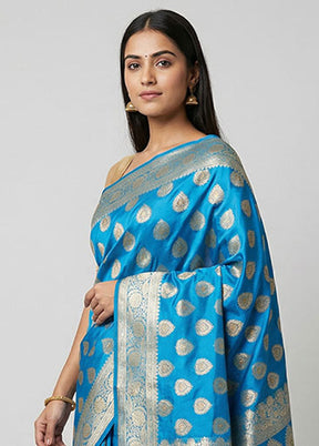 Blue Handloom Banarasi Pure Silk Saree With Blouse Piece