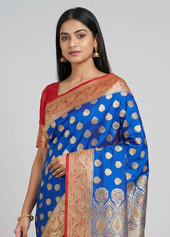 Blue Handloom Banarasi Pure Silk Saree With Blouse Piece