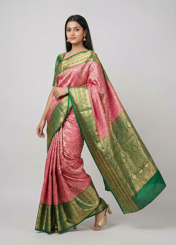 Pink Handloom Kanjivaram Pure Silk Saree With Blouse Piece
