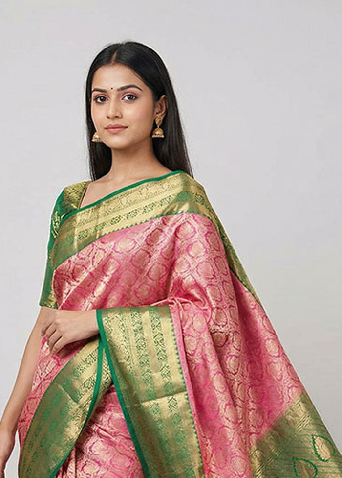 Pink Handloom Kanjivaram Pure Silk Saree With Blouse Piece
