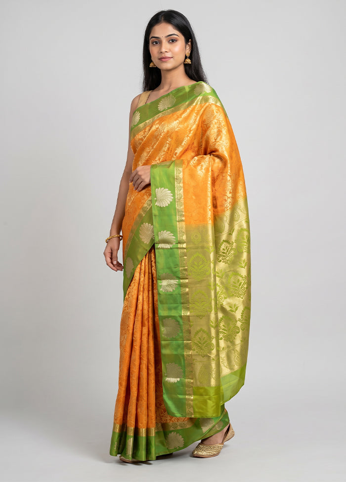 Yellow Handloom Kanjivaram Pure Silk Saree With Blouse Piece