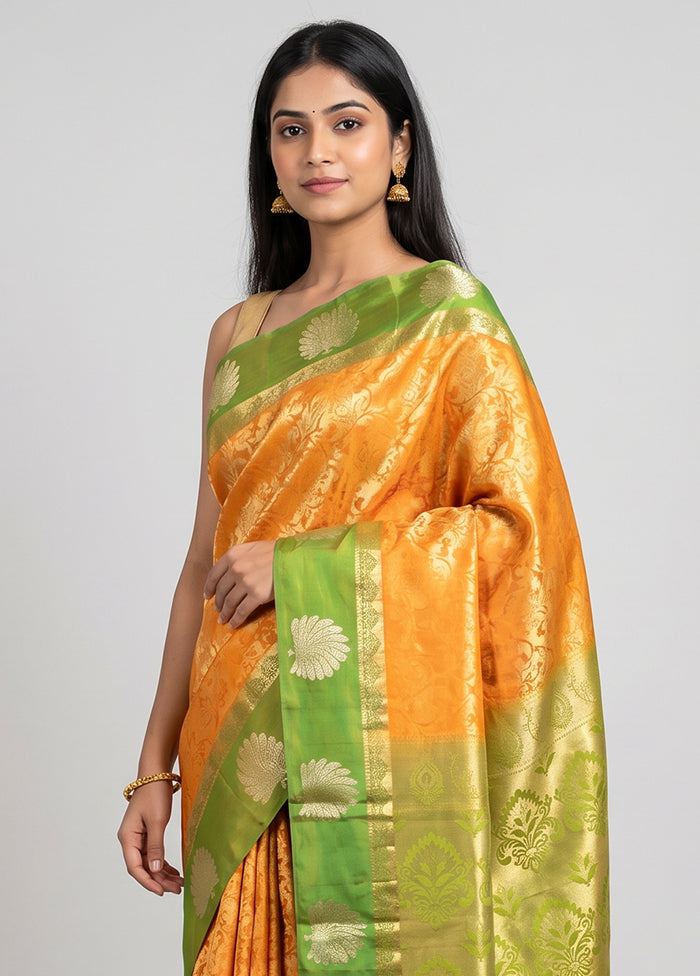 Yellow Handloom Kanjivaram Pure Silk Saree With Blouse Piece