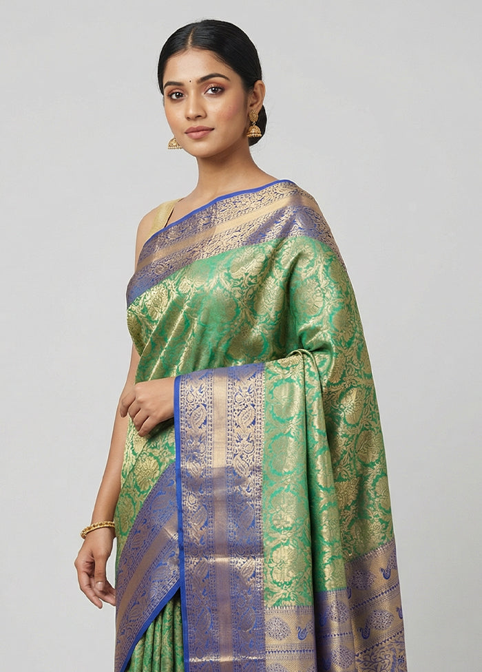 Green Handloom Kanjivaram Pure Silk Saree With Blouse Piece