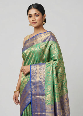 Green Handloom Kanjivaram Pure Silk Saree With Blouse Piece