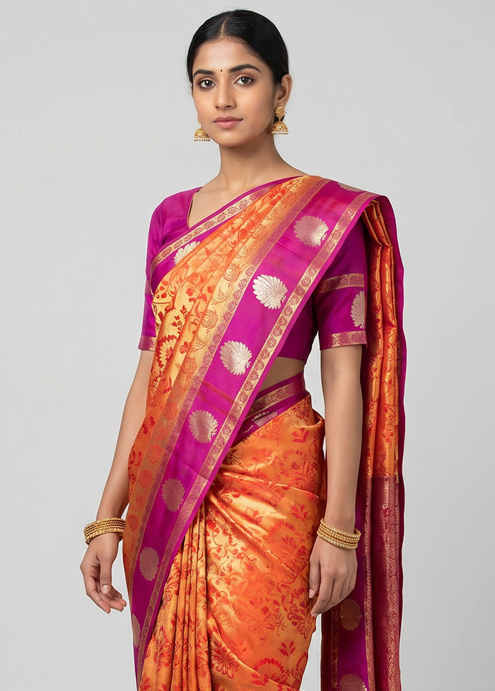 Pink Handloom Kanjivaram Pure Silk Saree With Blouse Piece