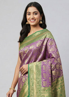 Purple Handloom Kanjivaram Pure Silk Saree With Blouse Piece