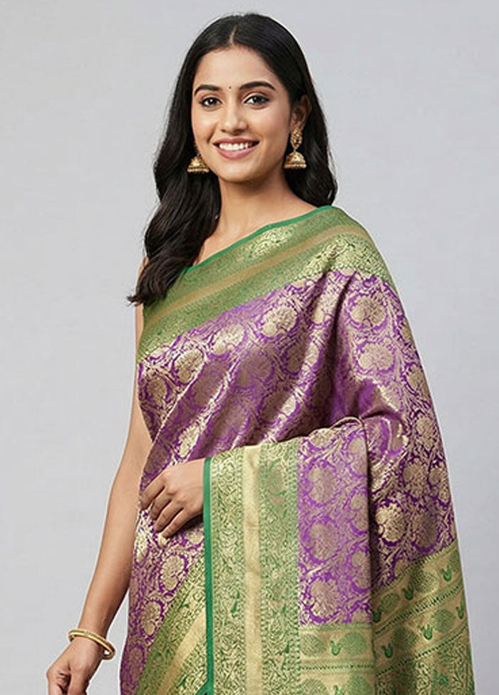 Purple Handloom Kanjivaram Pure Silk Saree With Blouse Piece