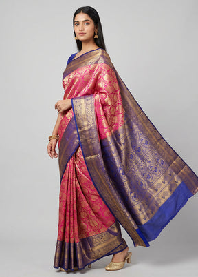 Pink Handloom Kanjivaram Pure Silk Saree With Blouse Piece
