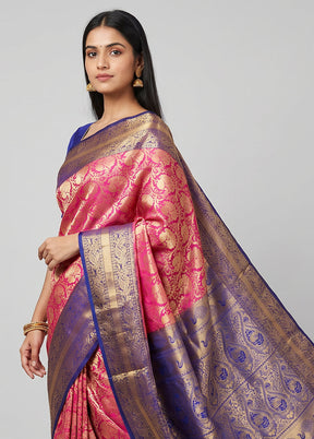 Pink Handloom Kanjivaram Pure Silk Saree With Blouse Piece