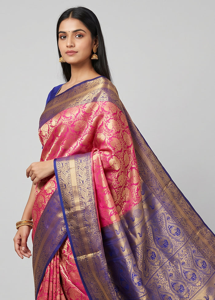 Pink Handloom Kanjivaram Pure Silk Saree With Blouse Piece