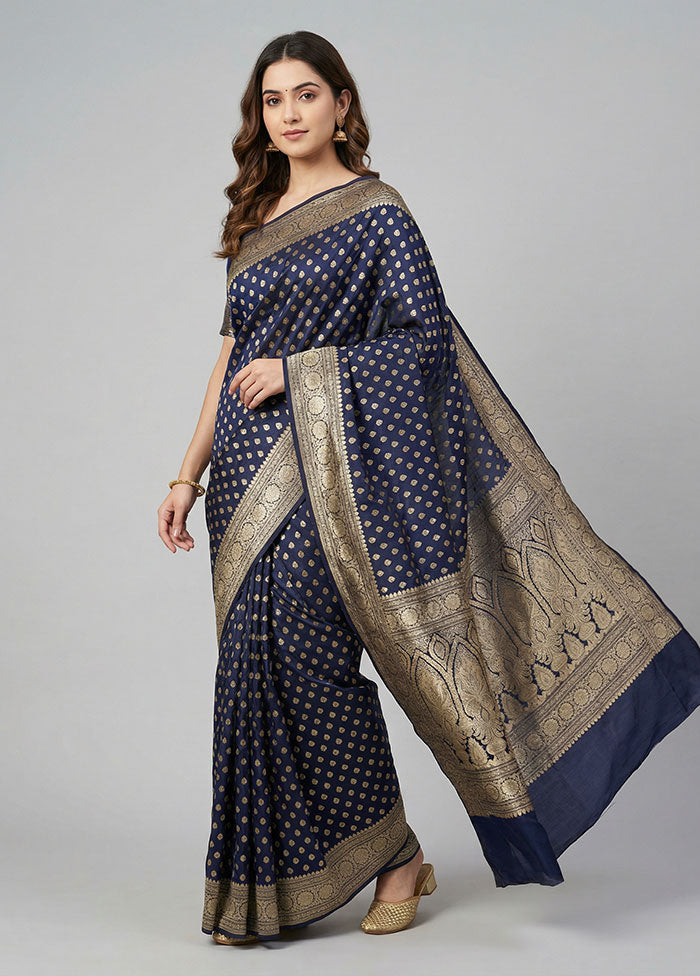 Blue Handloom Banarasi Pure Silk Saree With Blouse Piece