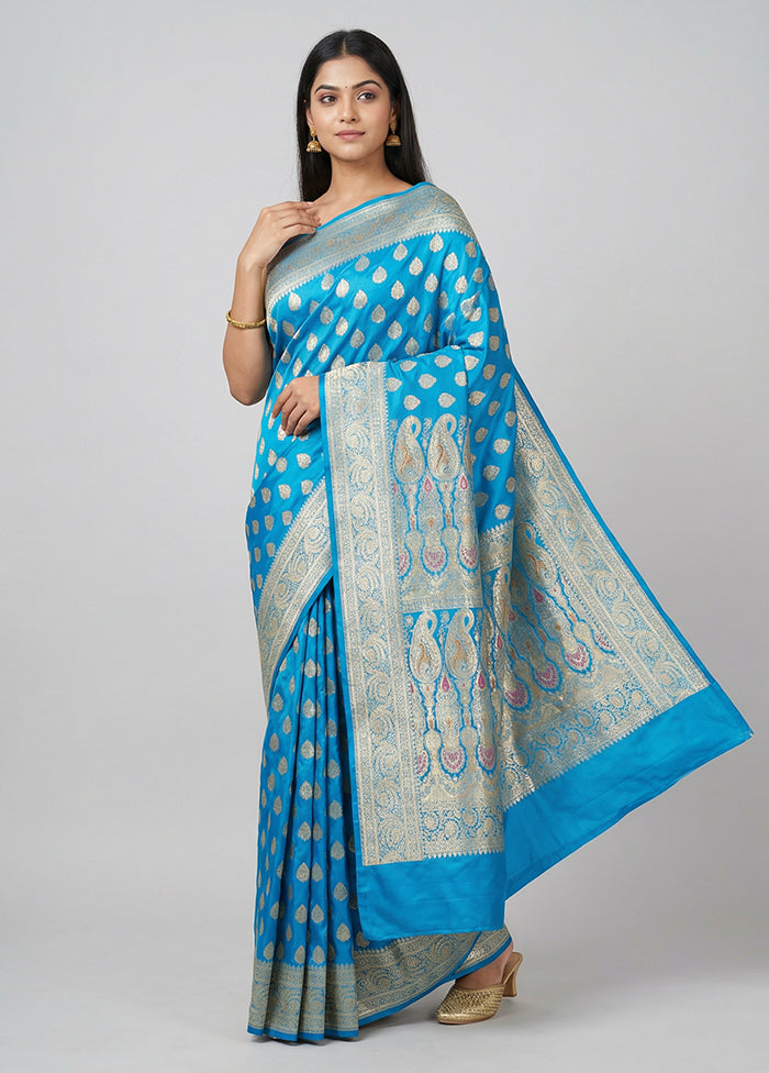 Blue Handloom Banarasi Pure Silk Saree With Blouse Piece