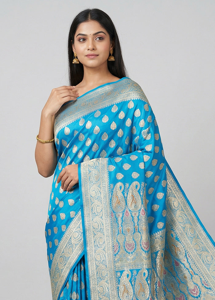 Blue Handloom Banarasi Pure Silk Saree With Blouse Piece