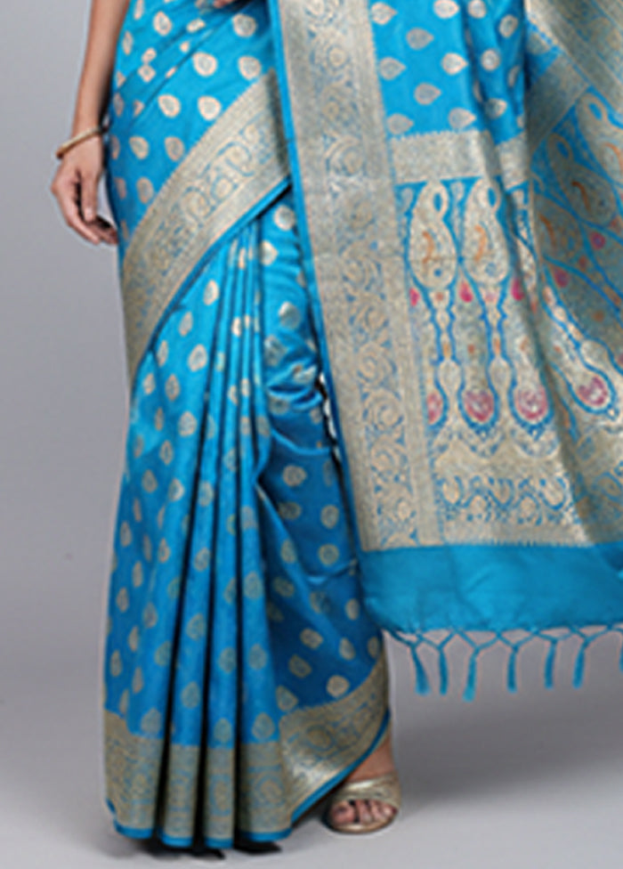 Blue Handloom Banarasi Pure Silk Saree With Blouse Piece