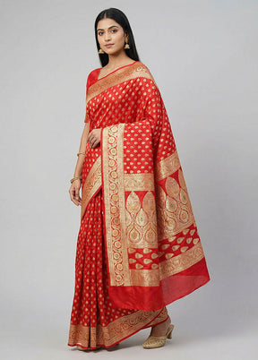 Red Handloom Banarasi Pure Silk Saree With Blouse Piece