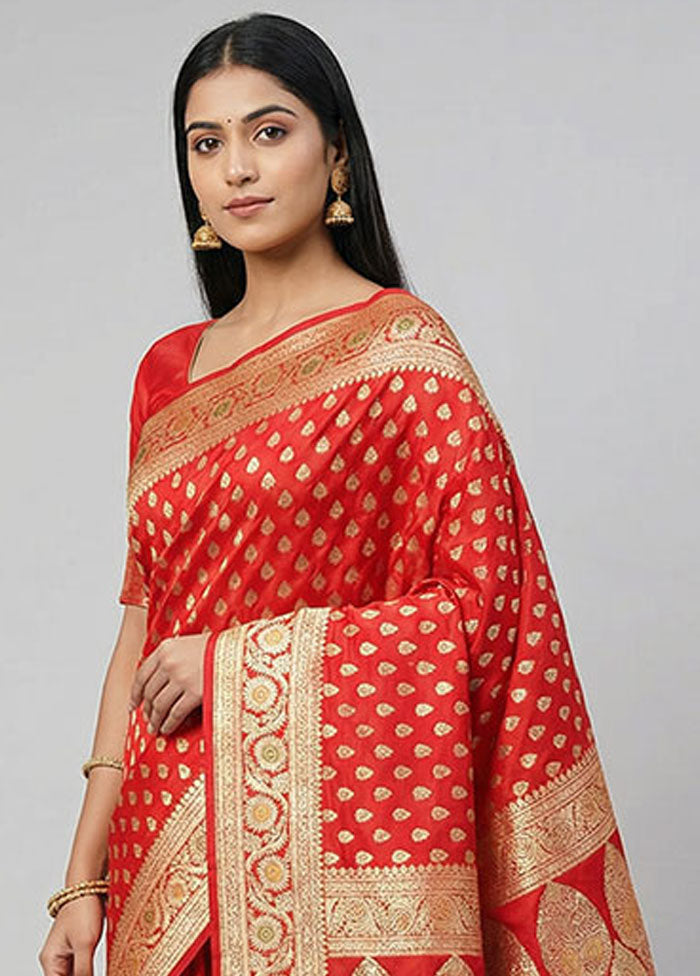 Red Handloom Banarasi Pure Silk Saree With Blouse Piece