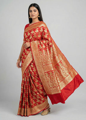 Red Handloom Banarasi Pure Silk Saree With Blouse Piece