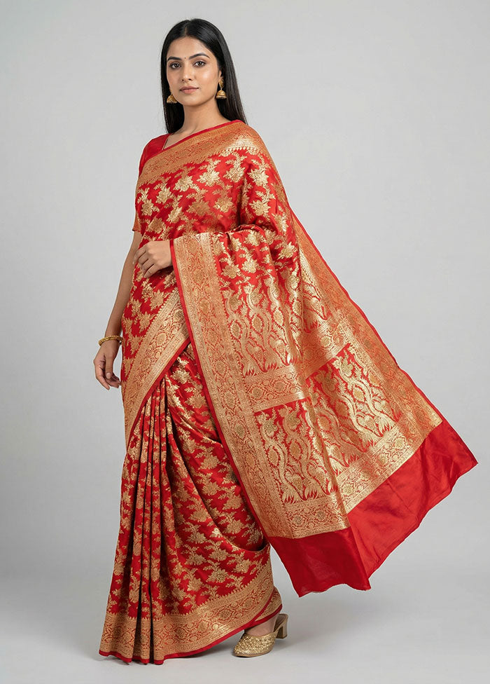 Red Handloom Banarasi Pure Silk Saree With Blouse Piece