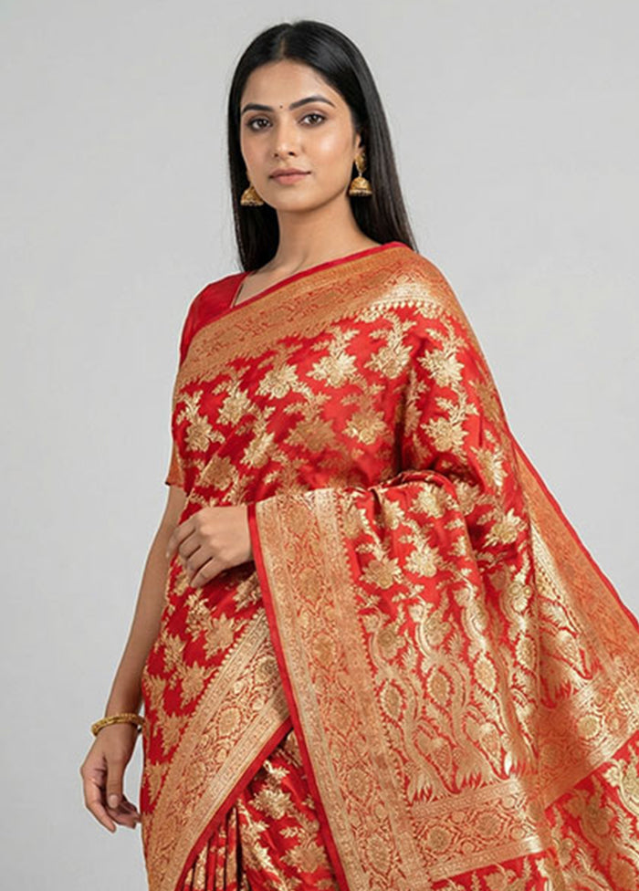 Red Handloom Banarasi Pure Silk Saree With Blouse Piece