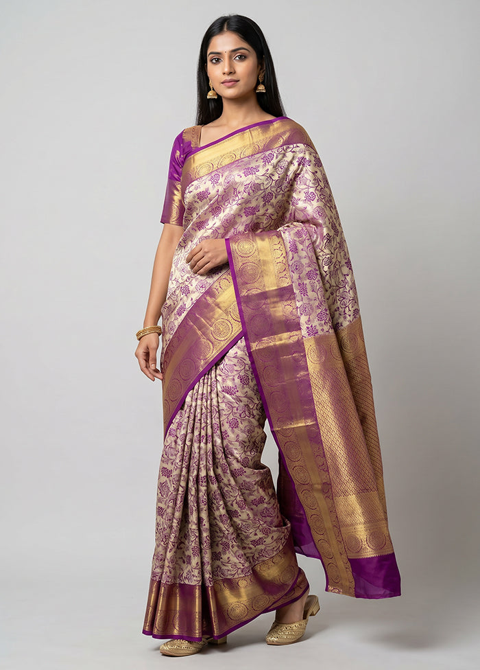 Cream Handloom Kanchipuram Pure Silk Saree With Blouse Piece