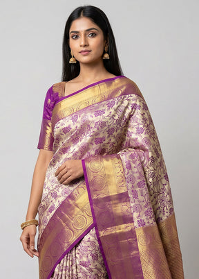 Cream Handloom Kanchipuram Pure Silk Saree With Blouse Piece