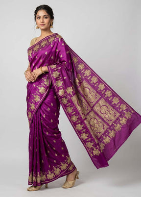 Purple Handloom Banarasi Pure Silk Saree With Blouse Piece