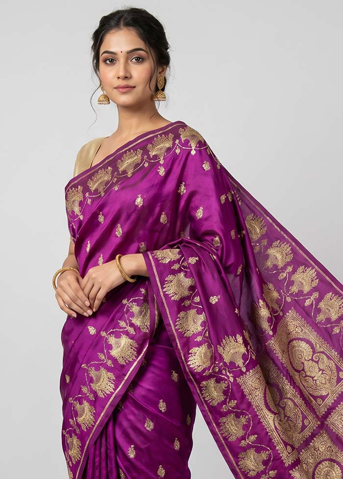 Purple Handloom Banarasi Pure Silk Saree With Blouse Piece