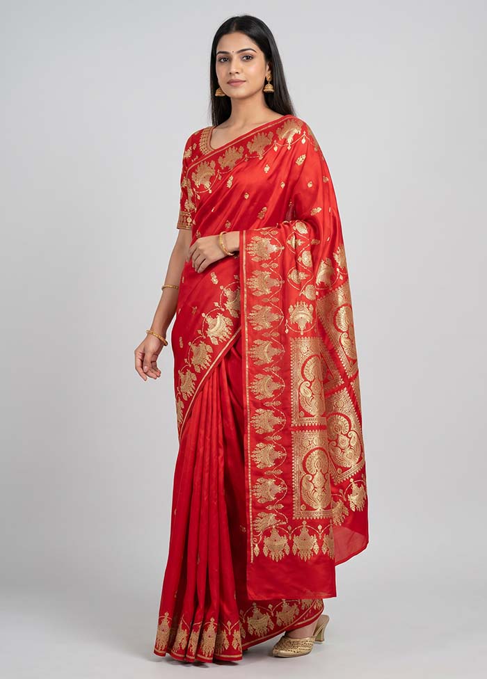 Red Handloom Banarasi Pure Silk Saree With Blouse Piece