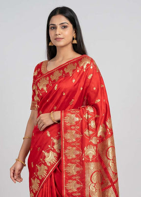 Red Handloom Banarasi Pure Silk Saree With Blouse Piece