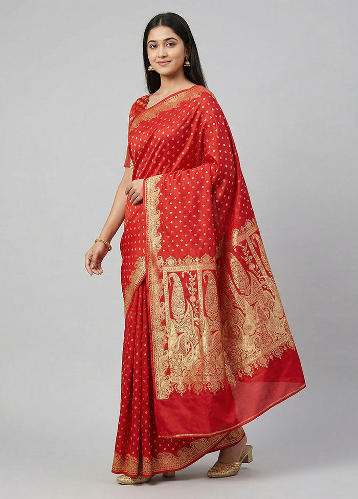 Red Banarasi Silk Saree With Blouse Piece