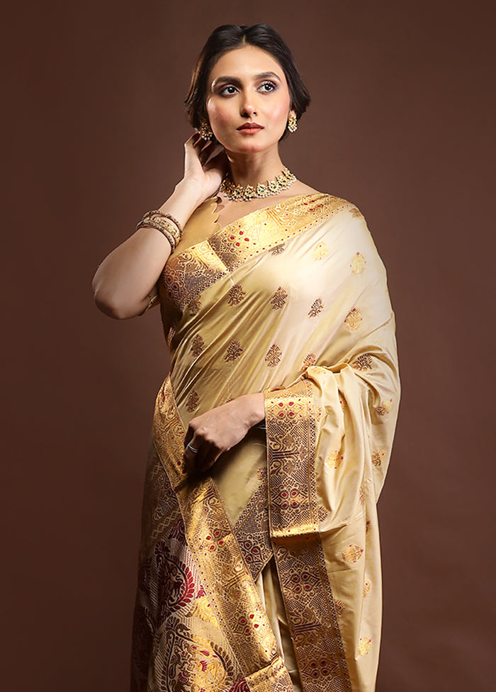 Cream Assam Silk Saree With Blouse Piece