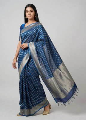 Blue Kora Silk Saree With Blouse Piece