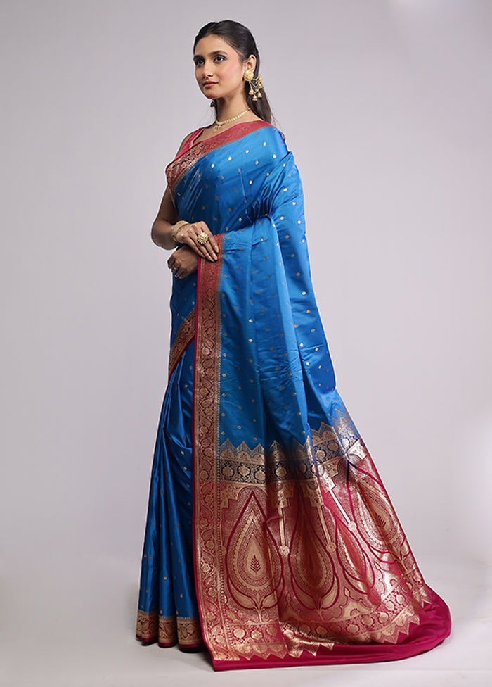 Blue Banarasi Silk Saree With Blouse Piece